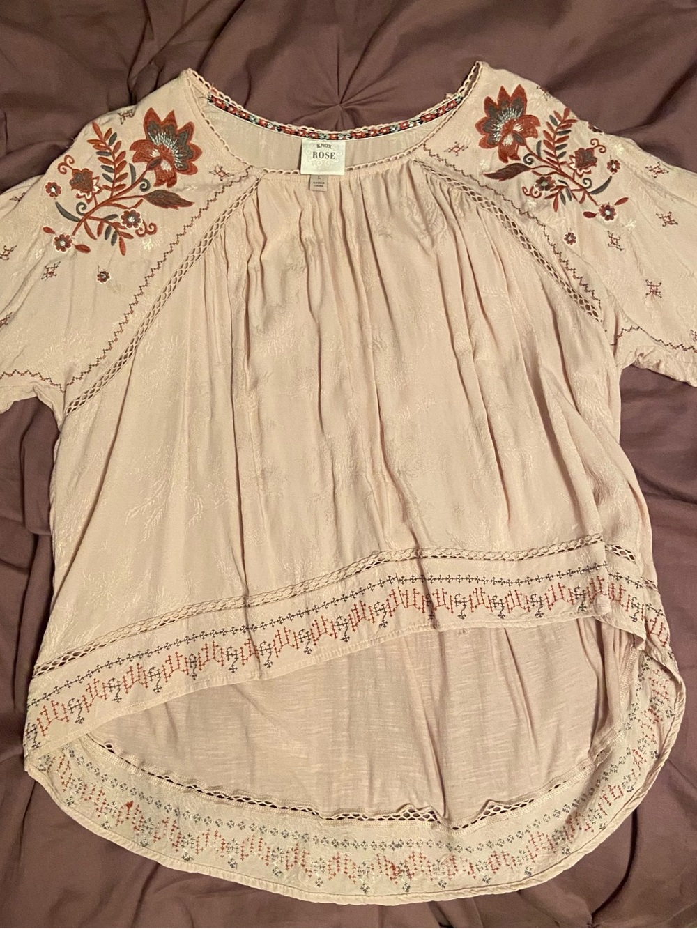 Knox Rose Blush Pink Embroidered Peasant Blouse